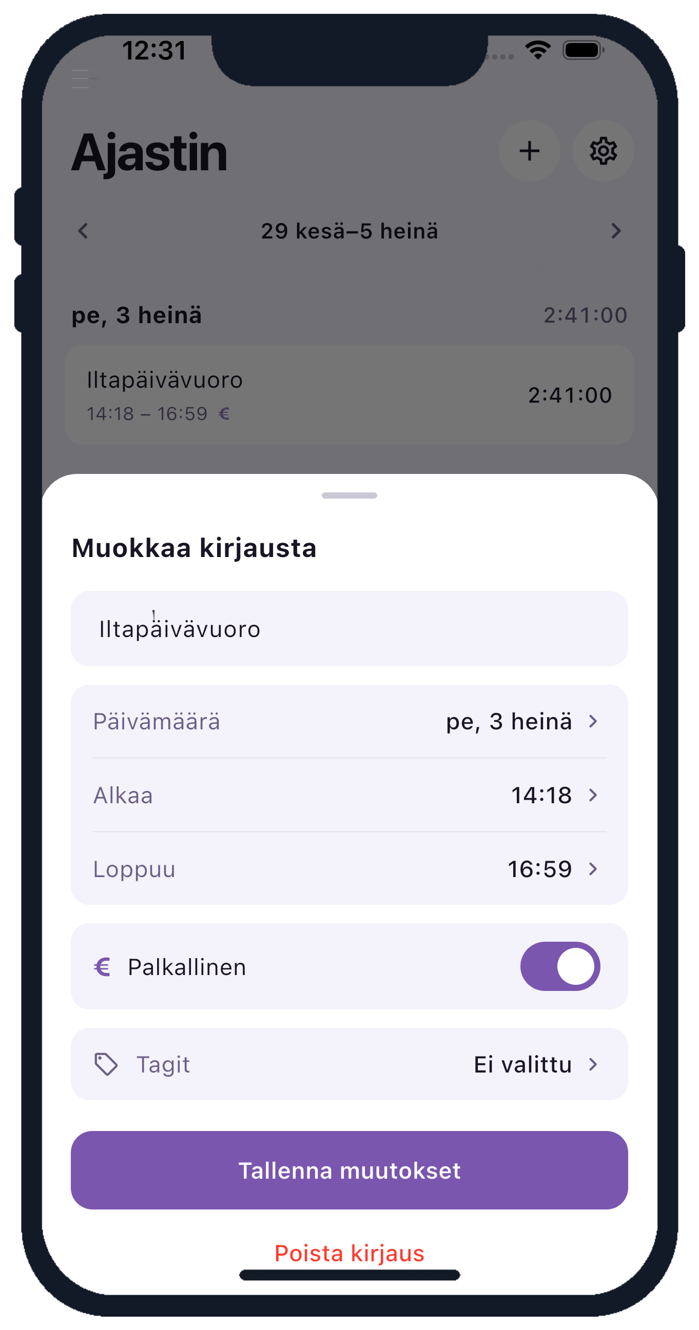 Kellota työajanseuranta-sovelluksen editori