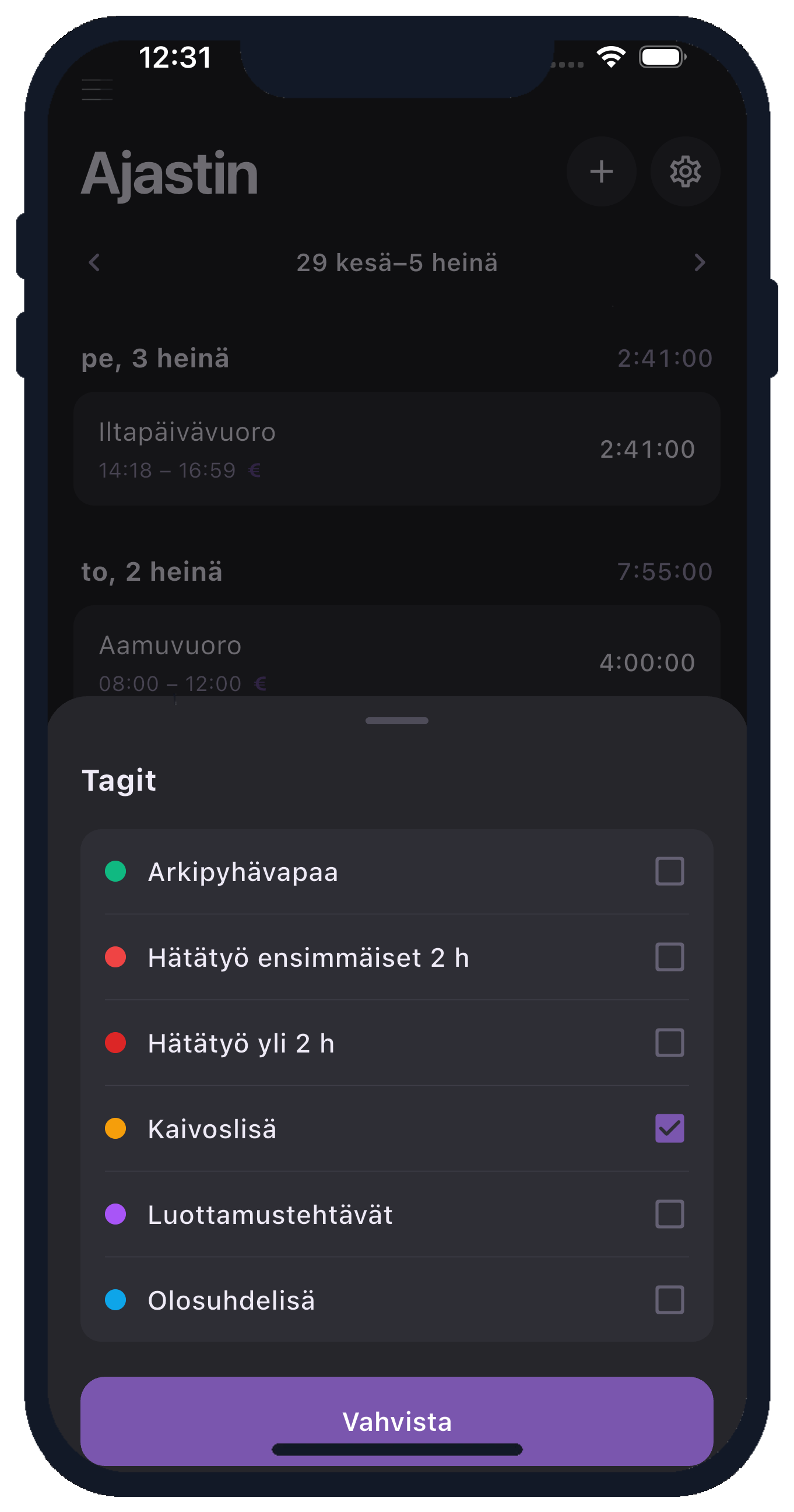 Kellota työajanseuranta-sovelluksen tagit